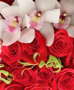 Imaginea produsului 51 Trandafiri Roșii Cu Orhidee Albă în Cutie