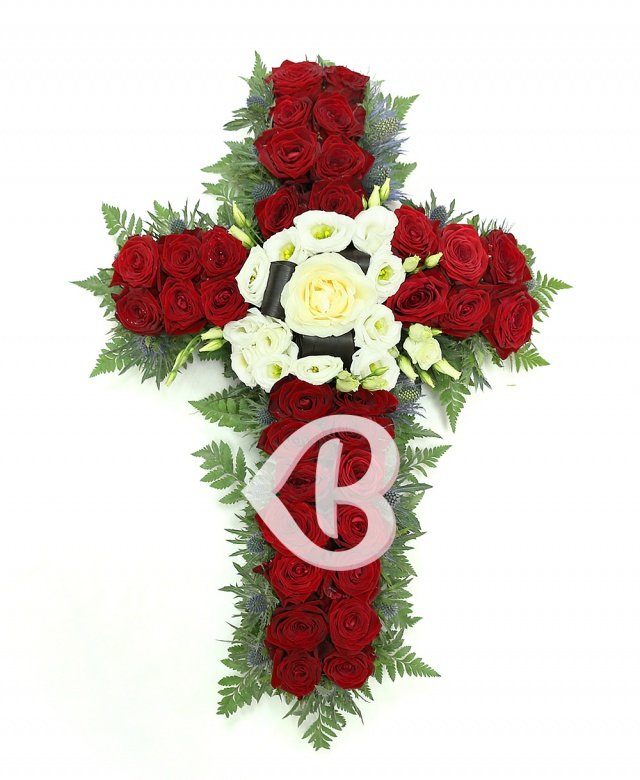 Cruce funerară trandafiri și lisianthus
