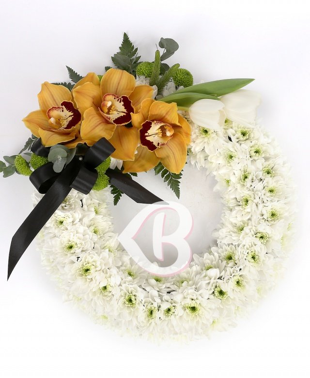 Colac funerar crizanteme și orhidee galbene
